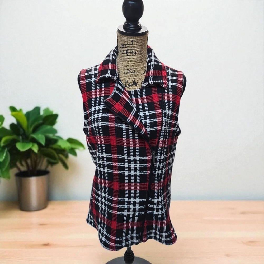 CHAPS Full Zip Cardigan Sweater Vest w Notched Collar Tartan Plaid Women's M NWT